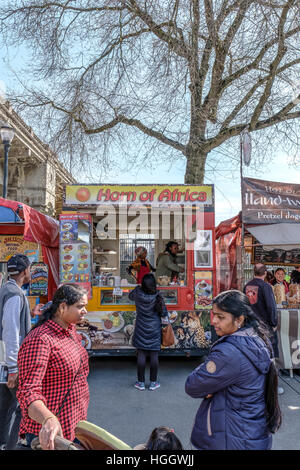 Portland, Oregon, USA has a variety of food carts all over the city. Stock Photo