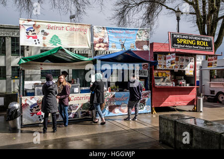 Portland, Oregon, USA has a variety of food carts all over the city. Stock Photo