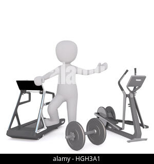 Faceless grey cartoon man standing in gym environment with greeting gesture 3D model Stock Photo