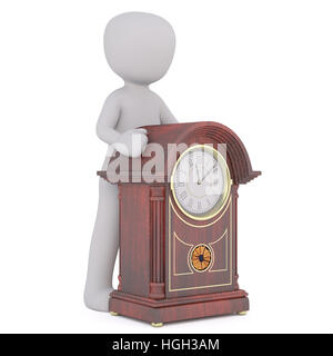 Little faceless cartoon man standing behind wooden antique clock 3D render Stock Photo