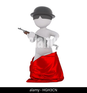 Cartoon man standing out red bag holding machine gun wearing hat and sunglasses, 3D render isolated on white Stock Photo
