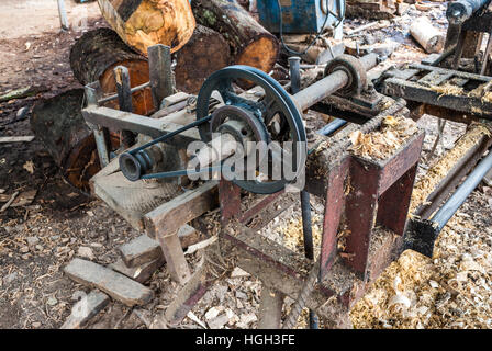 Old Home Made Wood Lathe Machine in Countryside of Thailand Stock Photo