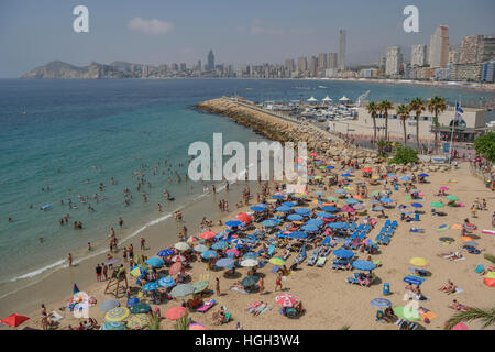 Tourists at the Playa Mal Pas, Benidorm, Province of Alicante, Costa Blanca, Spain Stock Photo