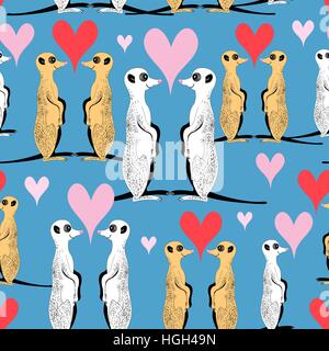 Seamless pattern of funny meerkat lovers on a blue background Stock Vector