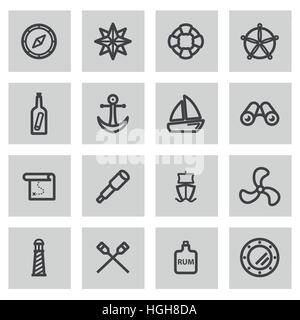 Vector line nautical icons set on grey background Stock Vector