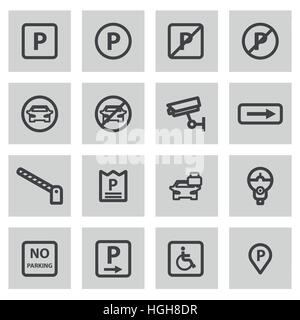 Vector line parking icons set on grey background Stock Vector