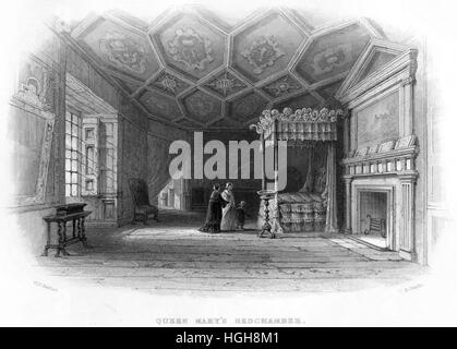 An engraving of Queen Mary's Bedchamber in Holyrood House scanned at high resolution from a book printed in 1859. Believed copyright free. Stock Photo