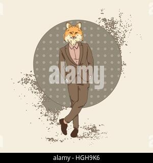 Cartoon Fox Hipster Wear Fashion Suit Retro Abstract Background Stock Vector