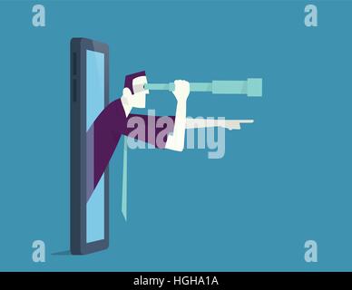Man comes up from smartphone looking through telescope.. Stock Vector