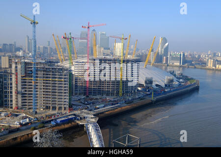 London o2 and Canary Wharf aerial view Stock Photo