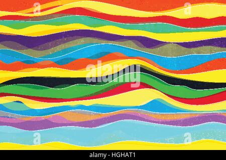 abstract pattern with colorful waves ornament over distressed surface texture. vector, striped retro background design. grunge wallpaper, fashion, dec Stock Vector