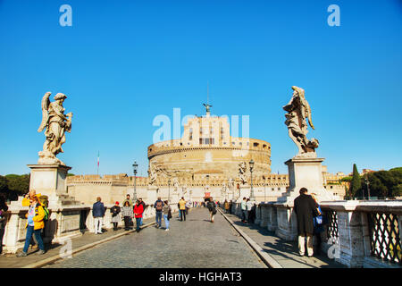 ROME - NOVEMBER 10: The Mausoleum of Hadrian (Castel and Ponte Sant'Angelo) with people on November 10, 2016 in Rome, Italy. Stock Photo