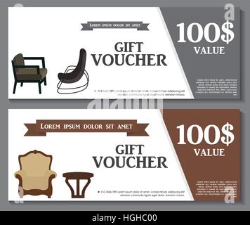 Gift Voucher Template with variation of furniture for apartments Stock Vector