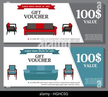 Gift Voucher Template with variation of furniture for apartments Stock Vector