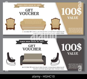 Gift Voucher Template with variation of furniture for apartments Stock Vector