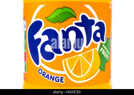 LONDON, UK - JANUARY 4TH 2017: Close-up shot of the label on a bottle of Fanta Orange, on 4th January 2017. Stock Photo