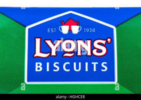 LONDON, UK - JANUARY 4TH 2017: Close-up of the Lyons Biscuits logo on one of their food products, on 4th January 2017. Stock Photo