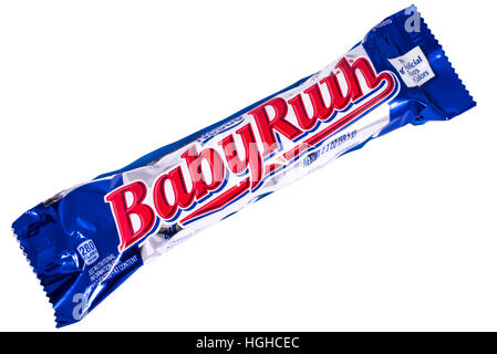 LONDON, UK - JANUARY 4TH 2017: A studio shot of a Baby Ruth chocolate bar isolated over a plain white background, on 4th January 2017. Stock Photo