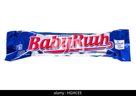 LONDON, UK - JANUARY 4TH 2017: A studio shot of a Baby Ruth chocolate bar isolated over a plain white background, on 4th January 2017. Stock Photo