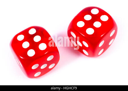 Two red dice isolated over a plain white background. Stock Photo