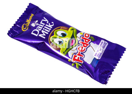 LONDON, UK - JANUARY 4TH 2017: An unopened Freddo Dairy Milk chocolate bar manufactured by Cadbury, pictured over a plain white background Stock Photo