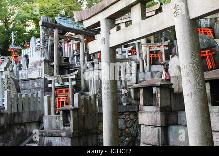 A few of the thousands of smaller shrines within the grounds of Fushimi Inari Shrine, in Kyoto Stock Photo