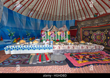 Lunch table in nomadic yurt, Kazakhstan Stock Photo