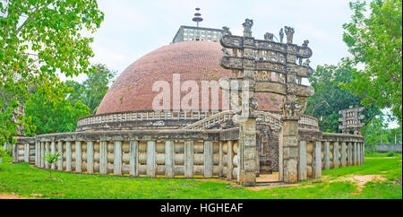 The replica of the Great Indian Sanchi Stupa with its famous Torana Gates, decorated with sculptures and reliefs, Mihintale, Sri Lanka. Stock Photo