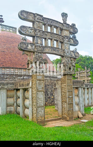 The Torana Gates of Stupa, located in Mihintale are replicas of Great Sanchi Stupa, preserved since ancient times, Sri Lanka. Stock Photo