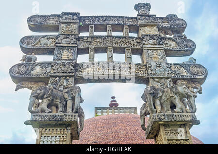 The Torana Gate of Stupa in Mihintale with figures of elephants and complex reliefs, Sri Lanka. Stock Photo