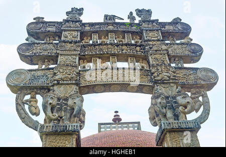 The walk through Torana Gate of the Stupa in Mihintale, the replica of Great Sanchi Stupa, Sri Lanka. Stock Photo