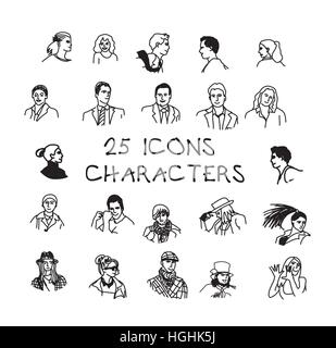 Set black and white people icons characters. Monochrome vector illustration. EPS8 Stock Vector