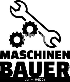 Mechanical engineer with gear wheels and wrench. German job title. Stock Photo