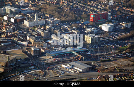 aerial view of Barnsley town centre with the Transport Interchange in foreground & Barnsley College back right, UK Stock Photo