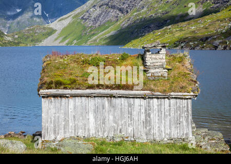 Traditional Scandinavian wooden sod or turf roof house in Norway Stock Photo