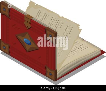 Old 3d colorful open book or tutorial. Isometric flat classbook or textbook icon. Education symbol logo. Illustration vector art. Stock Vector