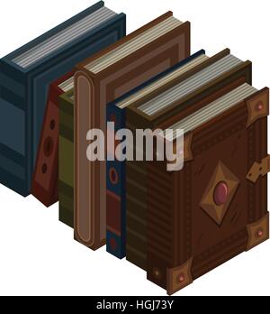 Stack of old 3d colorful books and tutorials. Isometric flat classbooks and textbooks icon. Education symbol logo. Illustration vector art. Stock Vector