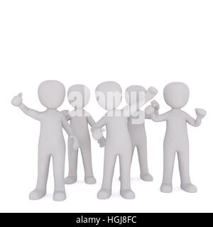 Audience of faceless 3D cartoon men showing thumbs up, waving hands and cheering, isolated on white background Stock Photo