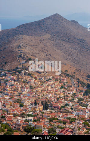 Looking down on Horio the old town on the island of Symi greece Stock Photo