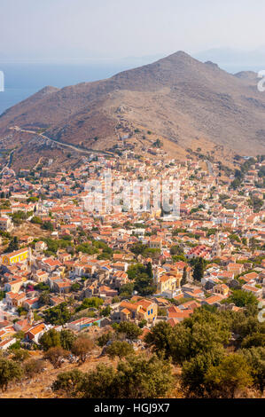 Looking down on Horio the old town on the island of Symi greece Stock Photo