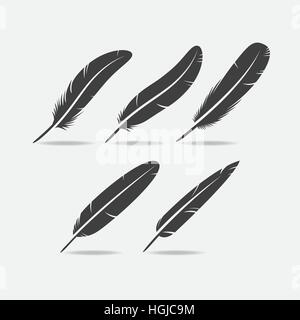 Five black bird feather icon silhouette with slits. Stock Vector