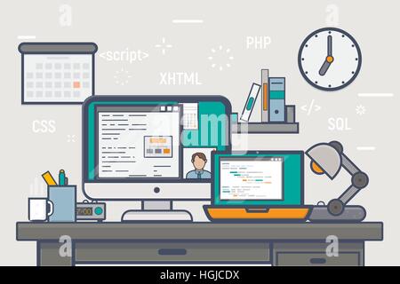 Line concept illustration. Freelance at home or office working place for web development, programming and website construction. Stock Vector