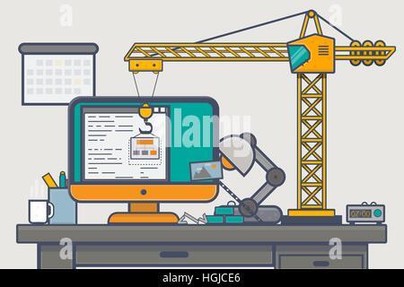 Line style abstract concept. Website building with construction crane on desk full of design items. Stock Vector