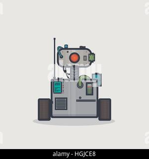 Line pixel style classic robot with rectangle body and moving head on neck with camera and gadgets. Stock Vector