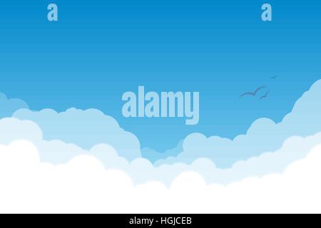 White and transparent clouds on the blue sky with flying birds. Stock Vector