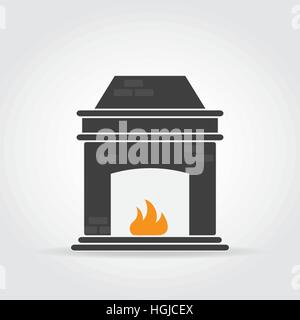 Fireplace black icon with bricks and fire. Stock Vector