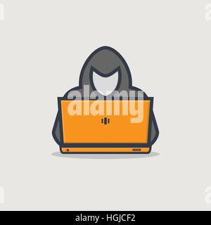 Thick line emblem of hacker person with golden laptop stealing personal information from internet. Stock Vector