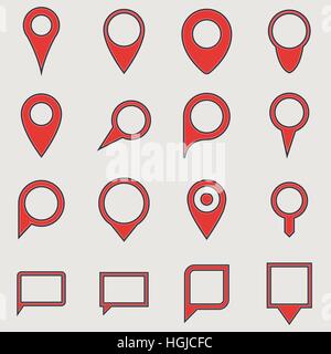Set of retro line style red map location pins and bubbles. Stock Vector