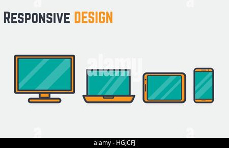 Thick and thin lines icons of digital devices with screen for responsive web design internet pages. Stock Vector