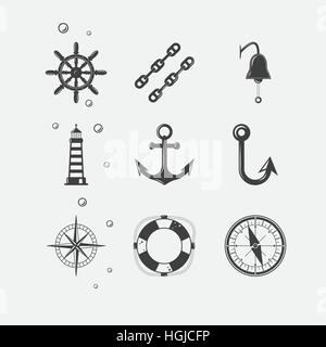 Set of black sea theme icons of ship navigation related objects. Stock Vector